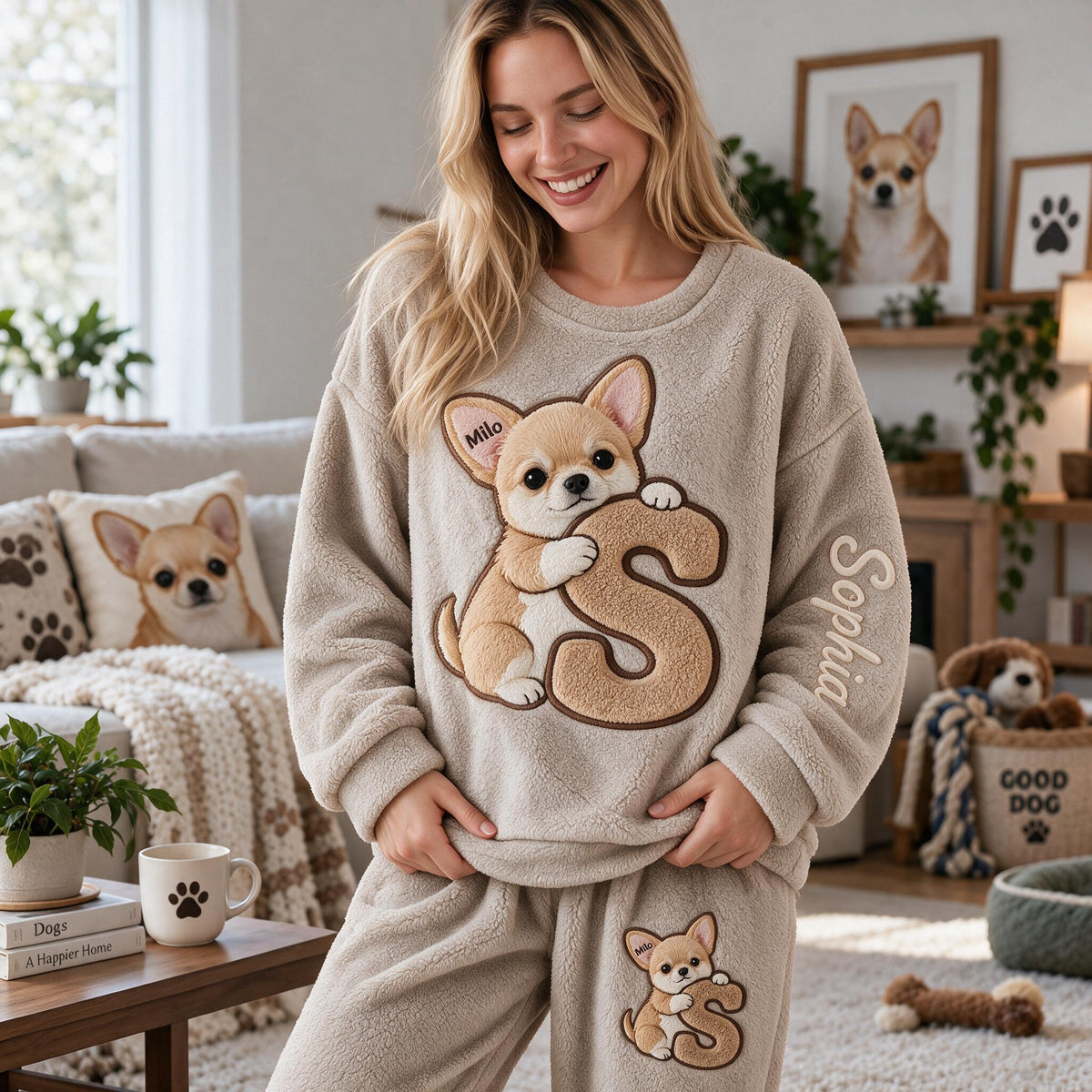 Personalized Fawn White Chihuahua Puppy Fleece Lounge Set Dog Owner Loungewear