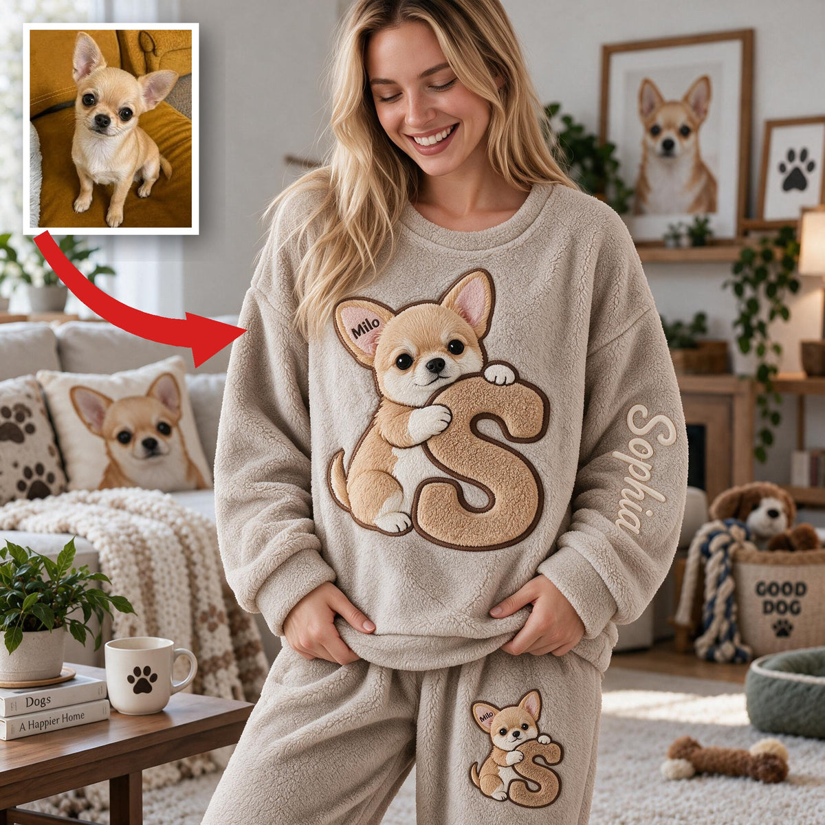 Personalized Fawn White Chihuahua Puppy Fleece Lounge Set Dog Owner Loungewear