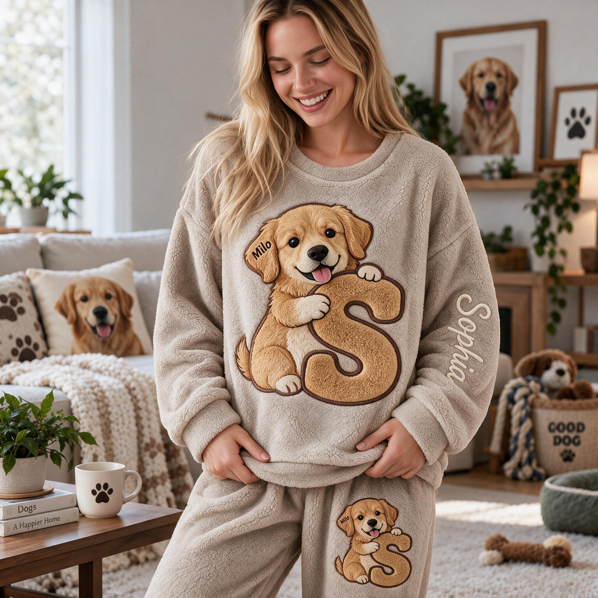 Personalized Golden Retriever Fleece Lounge Set Cozy Loungewear for Dog Lovers