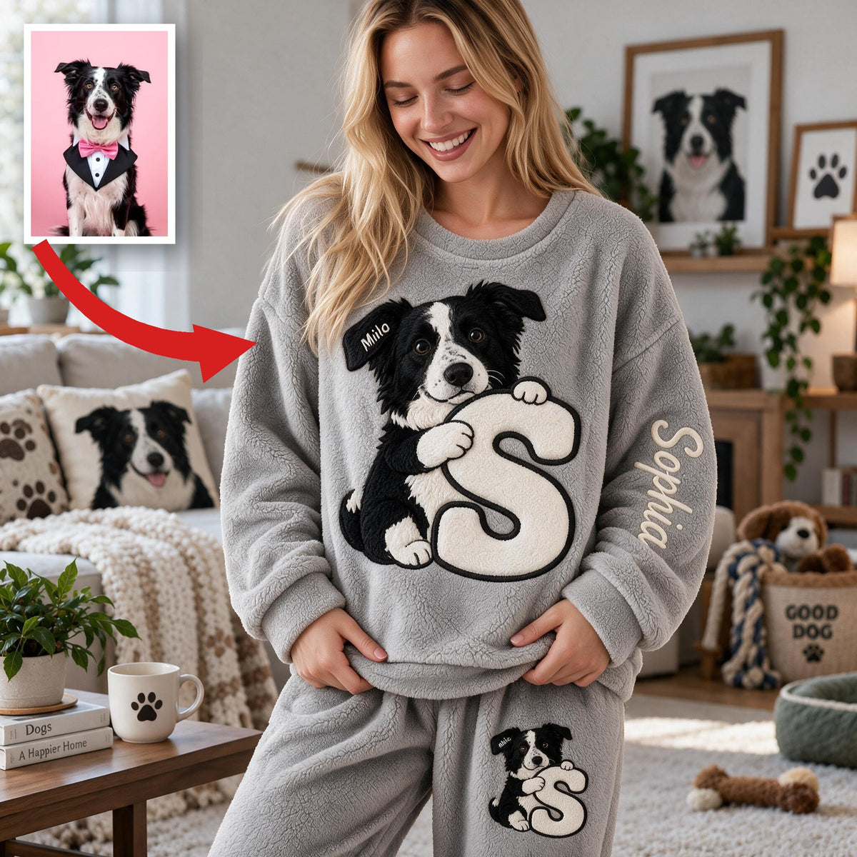 Personalized Black and White Border Collie Fleece Lounge Set Dog Lover Gift