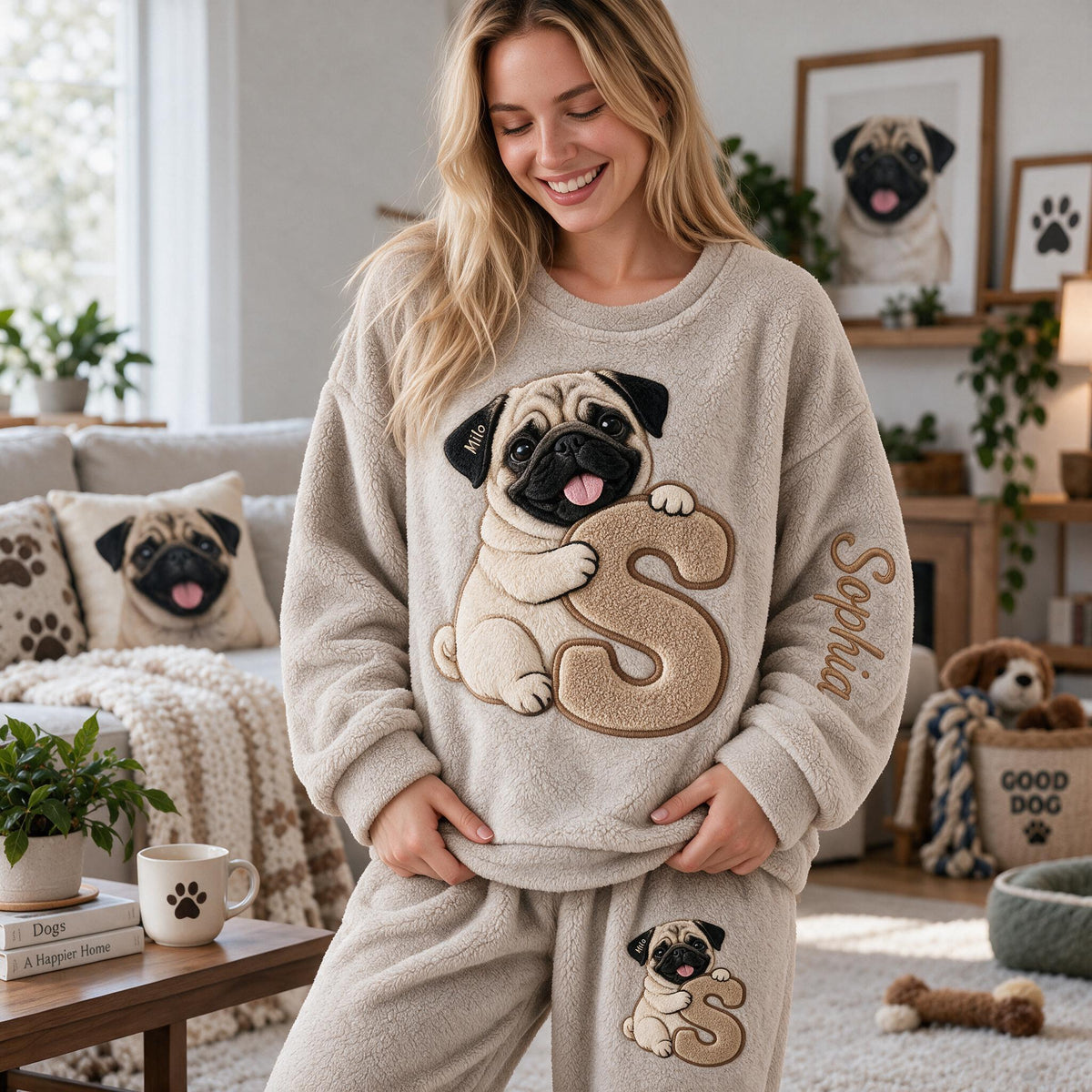 Personalized Fawn Pug Puppy Fleece Lounge Set Dog Owner Loungewear Gift