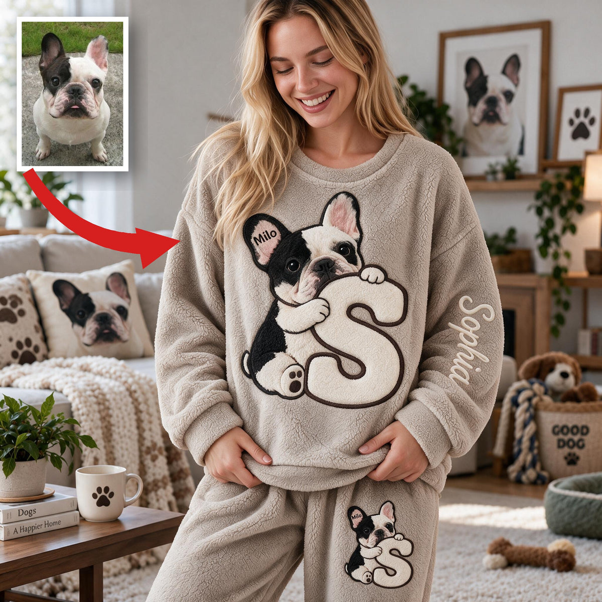 Personalized Black and White French Bulldog Fleece Lounge Set Dog Lover Gift
