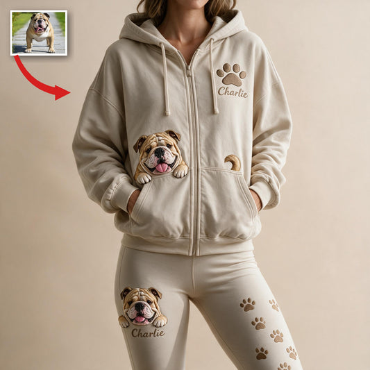 Personalized Fawn & White Adult Bulldog Zip Hoodie & Leggings Set Dog Owner Gift