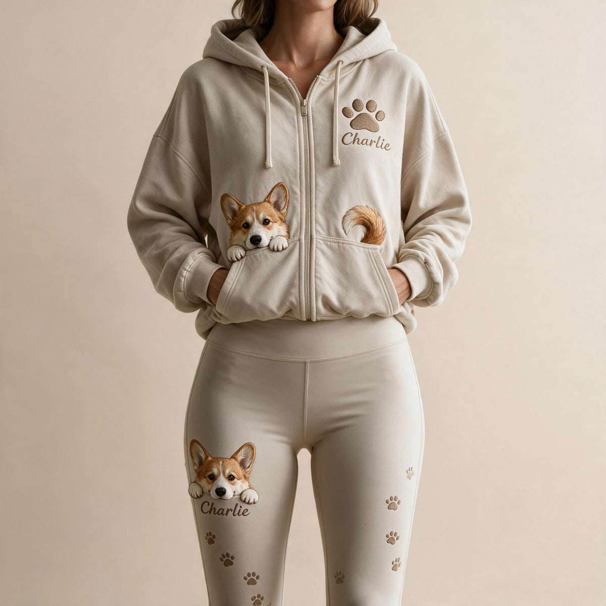 Personalized Tan & White Pembroke Welsh Corgi Zip Hoodie & Leggings Set