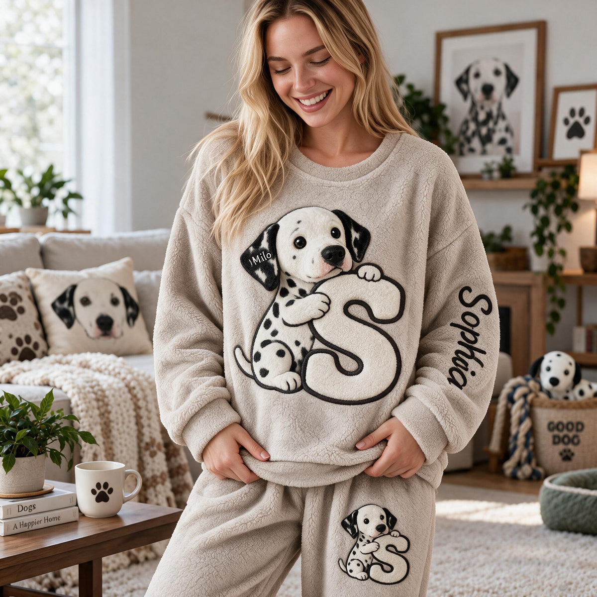 Personalized Black and White Spotted Dalmatian Fleece Lounge Set for Dog Lovers