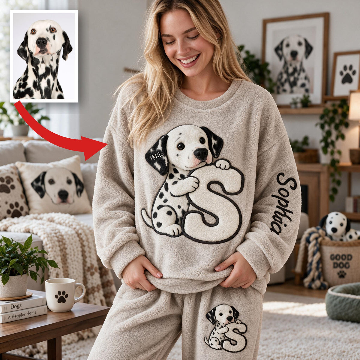Personalized Black and White Spotted Dalmatian Fleece Lounge Set for Dog Lovers