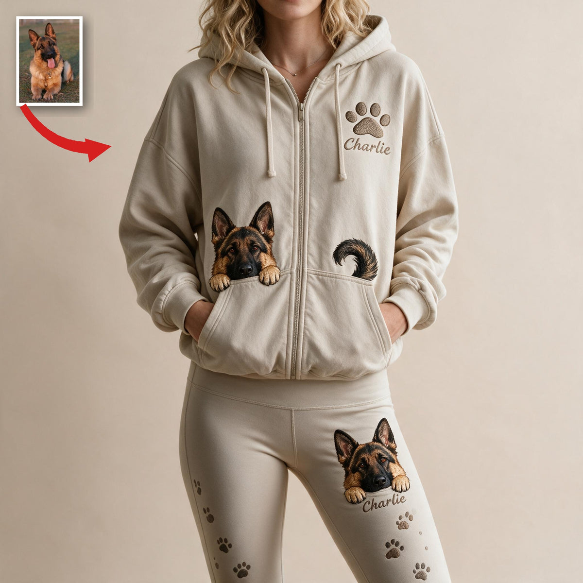 Personalized Black and Tan German Shepherd Zip Hoodie & Leggings Loungewear Set Dog Owner Gift