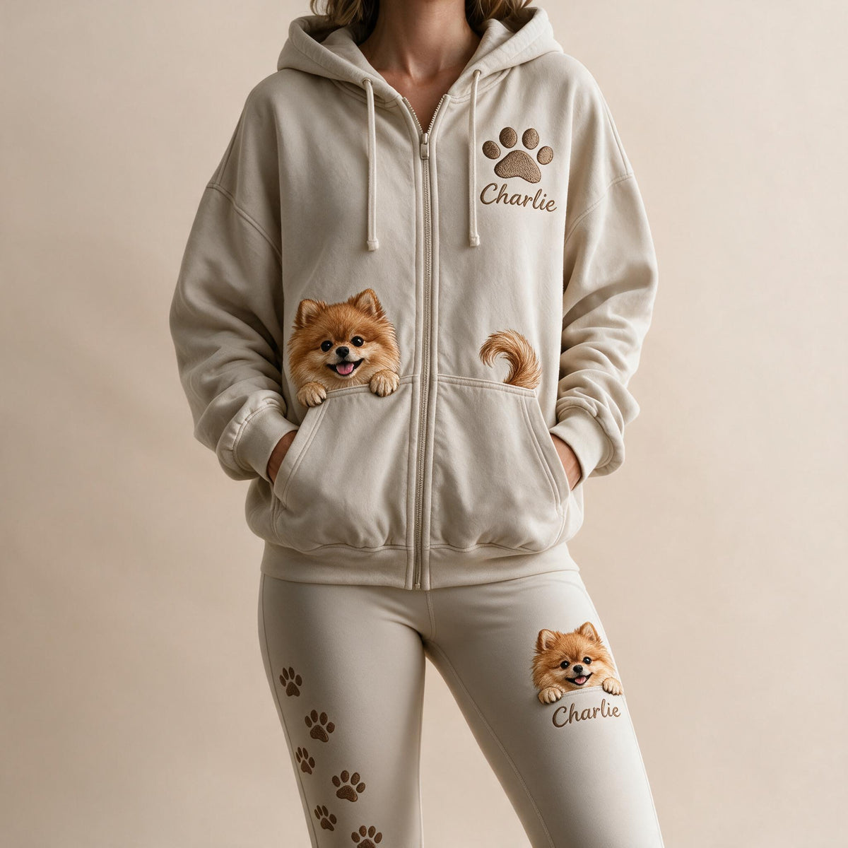 Personalized Fluffy Golden Tan Pomeranian Zip Hoodie & Leggings Loungewear Set