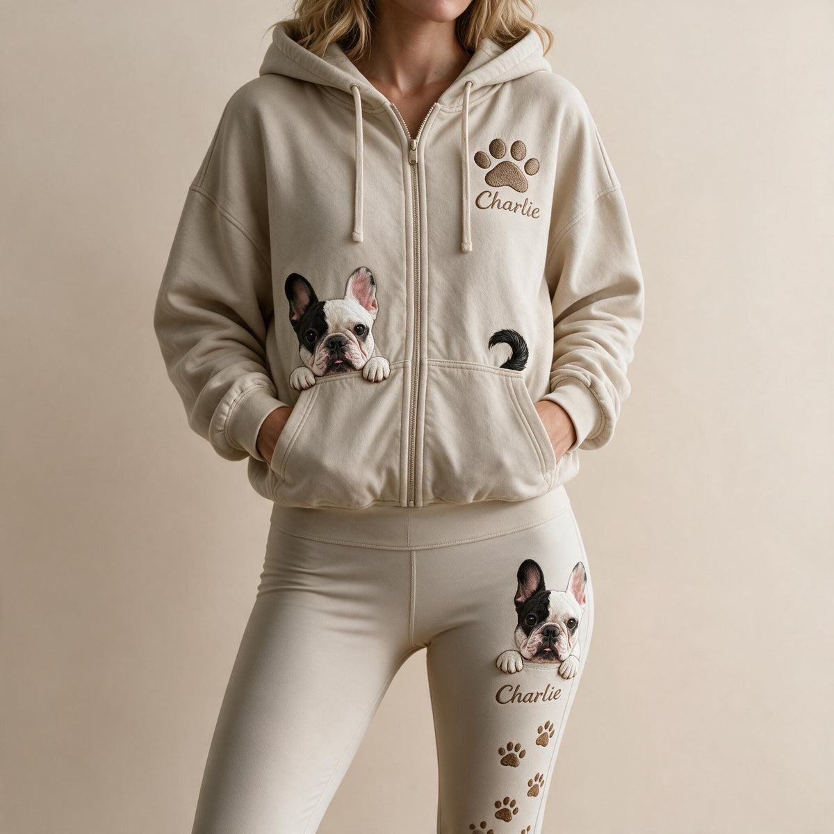 Ensemble de Loungewear Personnalisé Sweat à Capuche et Leggings Bulldog Français Noir et Blanc