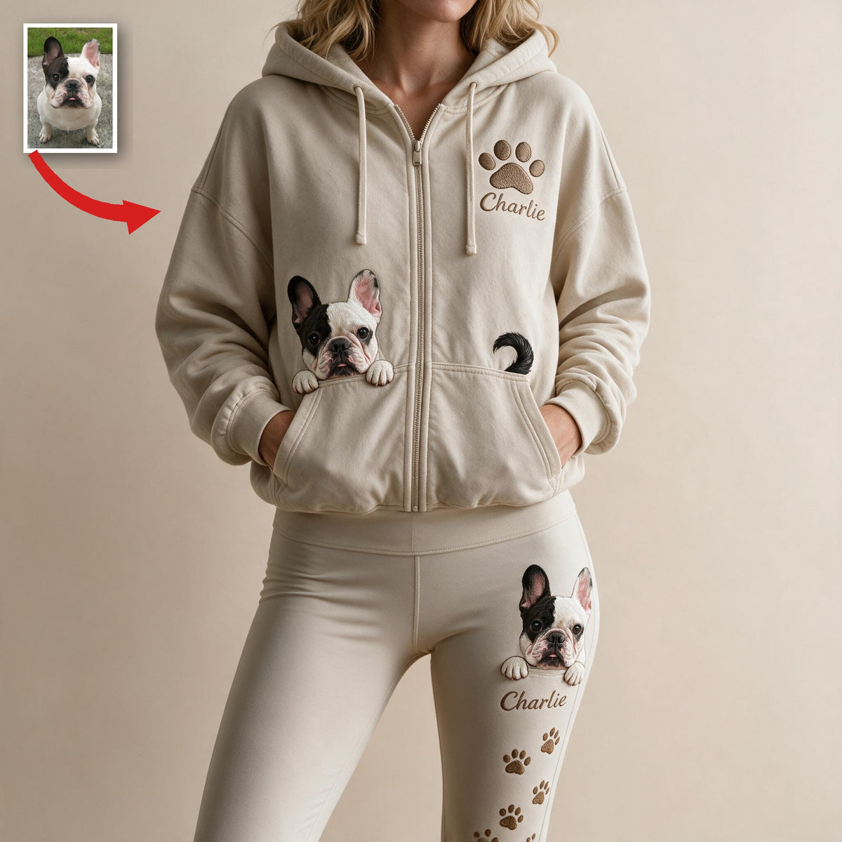 Ensemble de Loungewear Personnalisé Sweat à Capuche et Leggings Bulldog Français Noir et Blanc