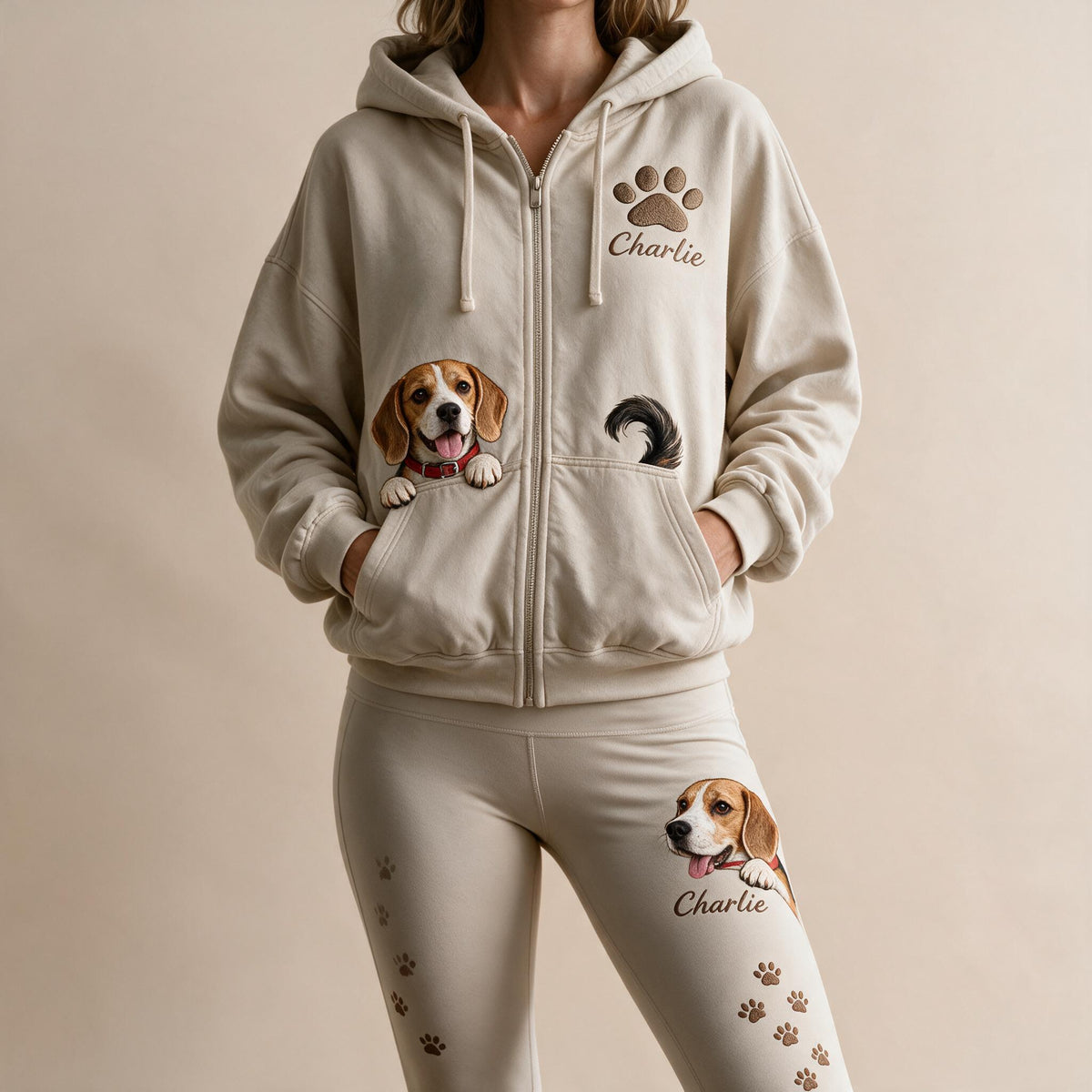 Sweat à Capuche Tricolore Personnalisé pour Adultes & Ensemble de Leggings - Cadeau pour Amoureux des Chiens