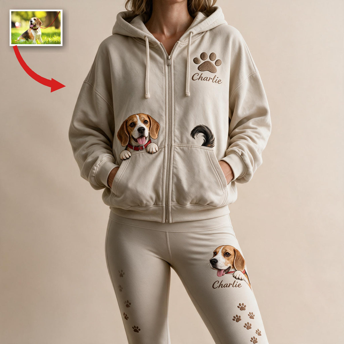 Sweat à Capuche Tricolore Personnalisé pour Adultes & Ensemble de Leggings - Cadeau pour Amoureux des Chiens