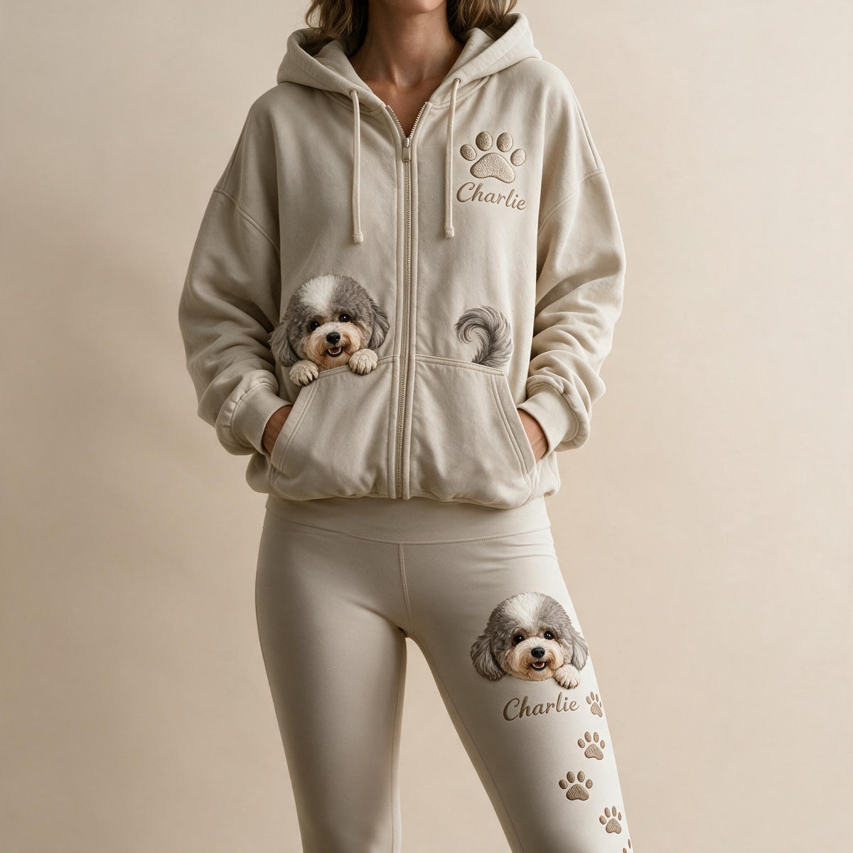 Personalized Adult Curly Coat Poodle Zip Hoodie & Leggings Set Dog Owner Loungewear