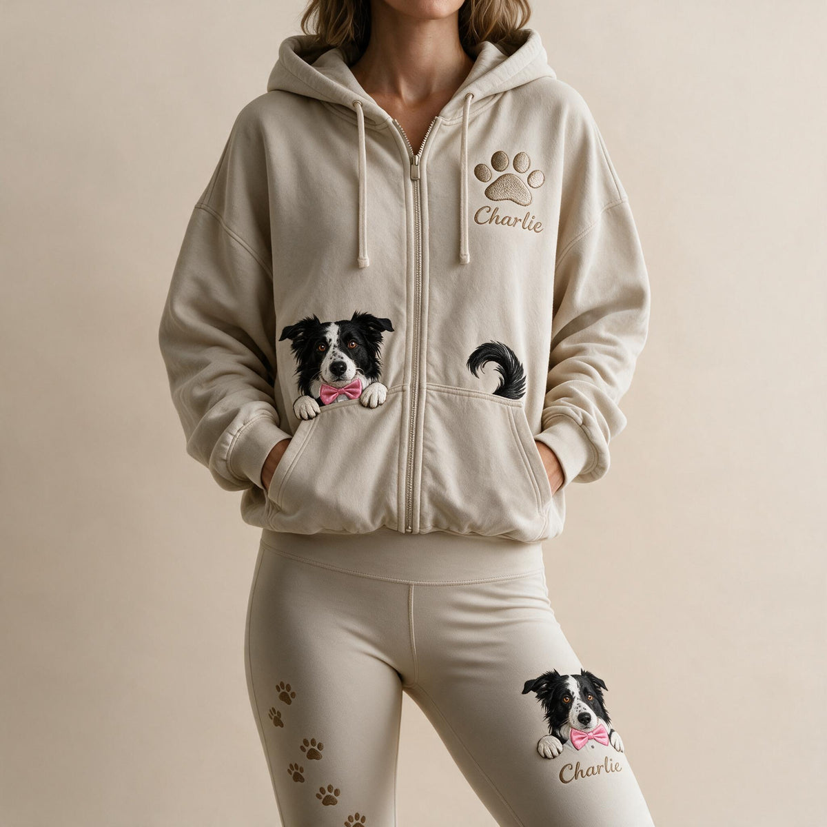 Personalized Black and White Border Collie Zip Hoodie & Leggings Loungewear Set