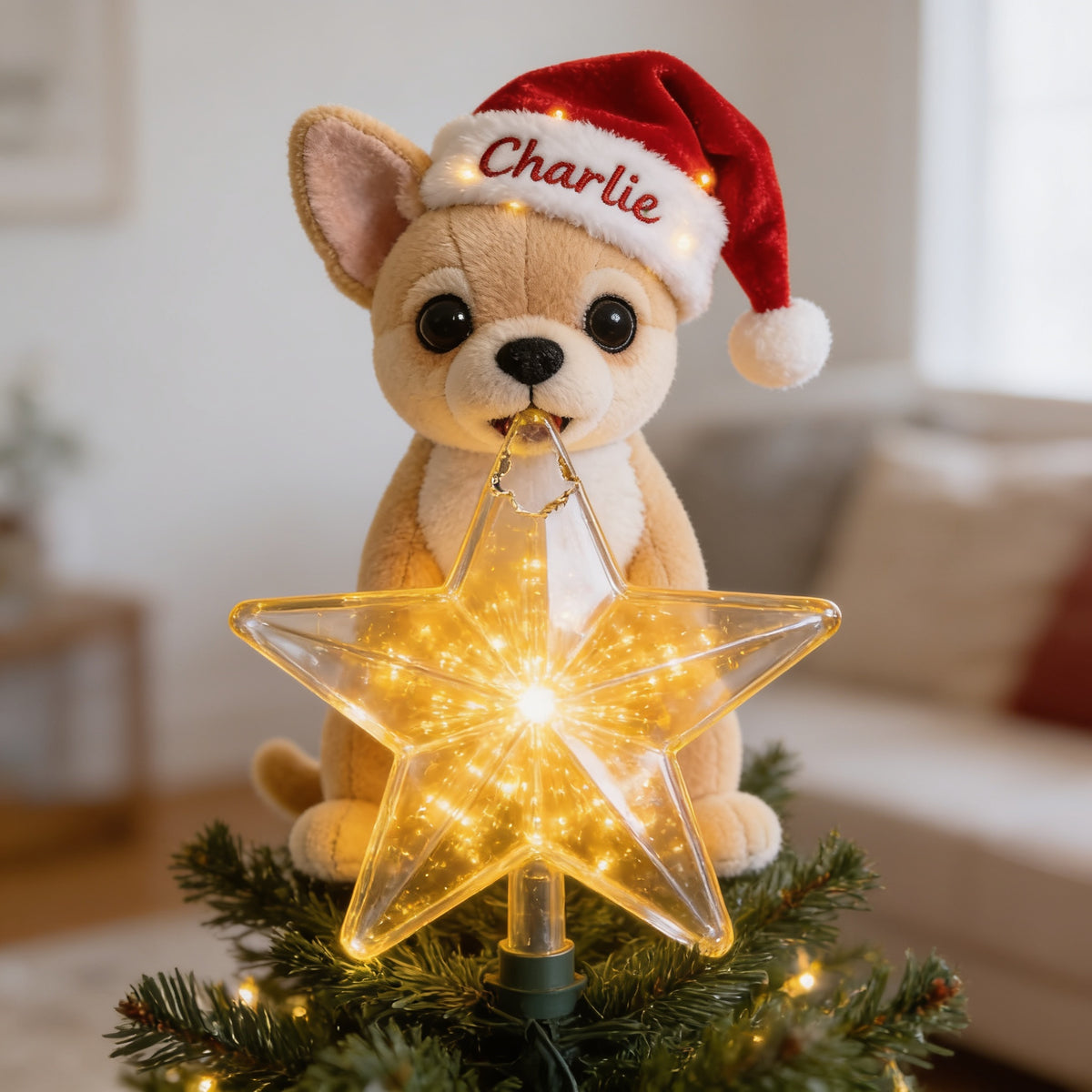 Personalized Christmas Fawn White Chihuahua Puppy LED Light Tree Topper Dog Lover Gift