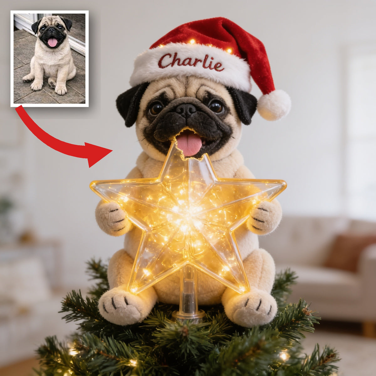 Personalized Christmas Fawn Pug Puppy LED Light Tree Topper Dog Lover Gift