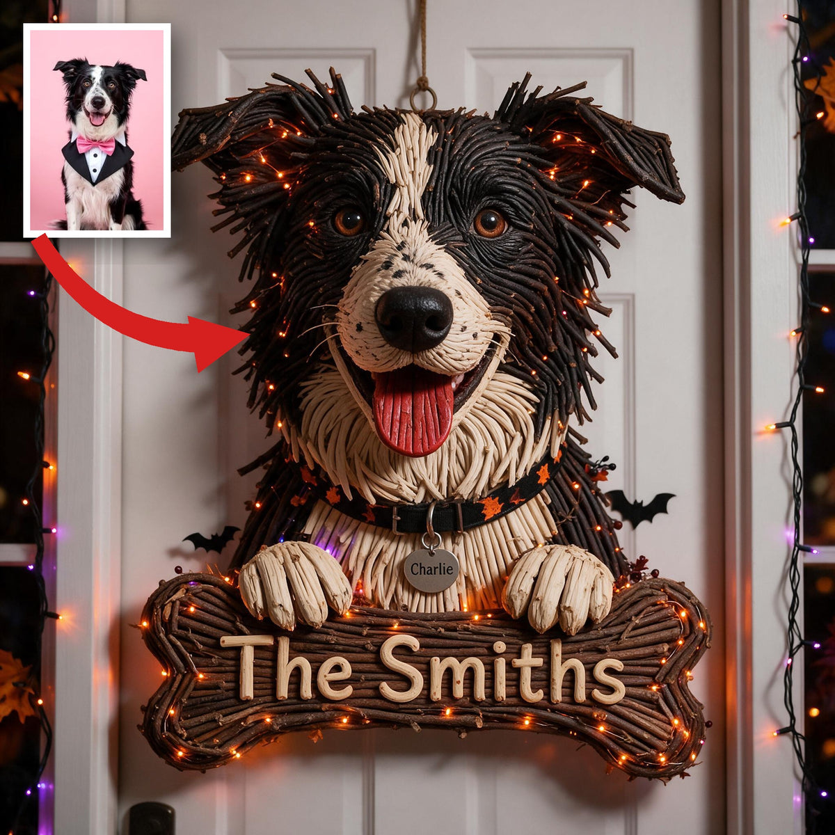 Personalized Halloween Black and White Border Collie LED Light Acrylic Sign