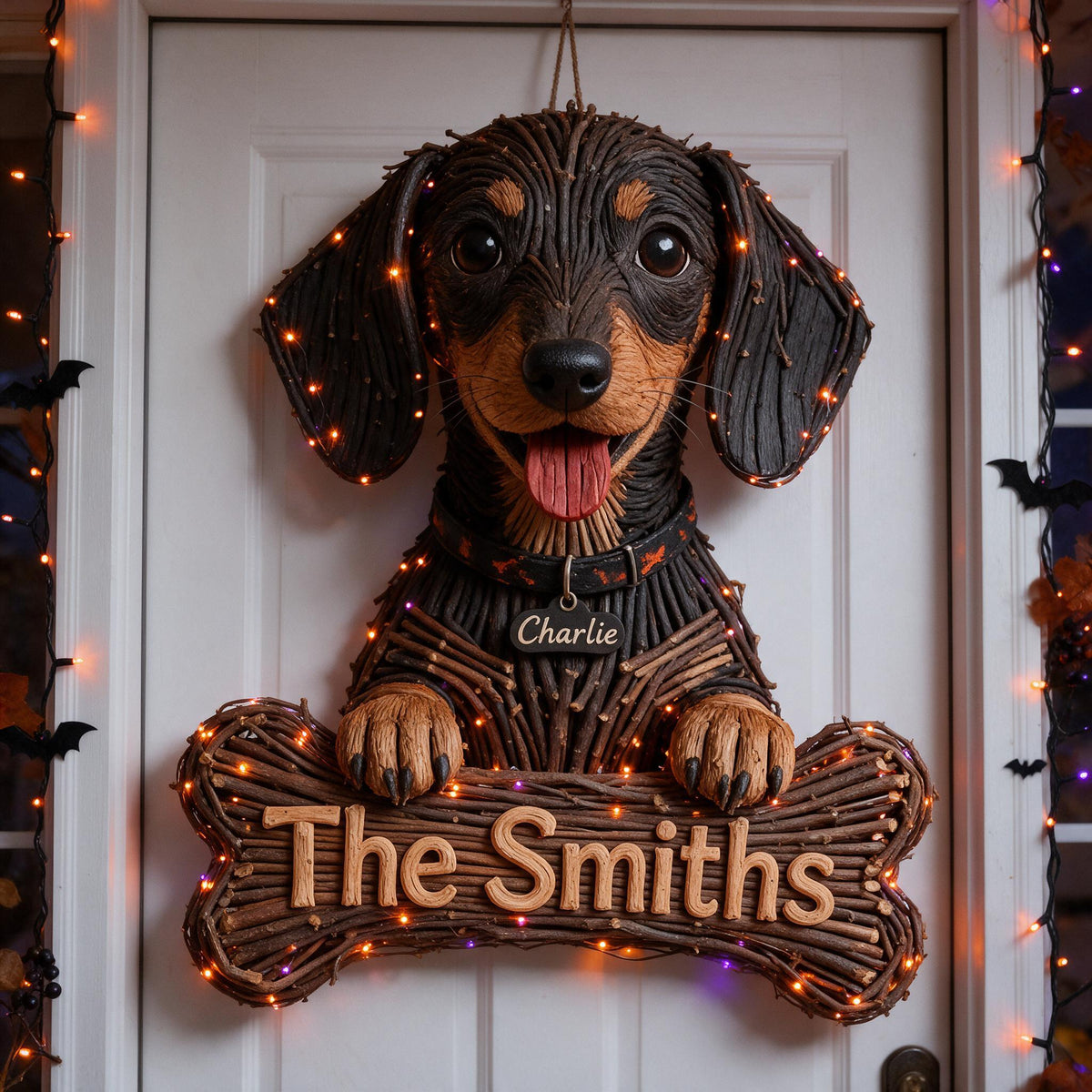 Personalized Halloween Black and Tan Dachshund Puppy LED Light Acrylic Sign