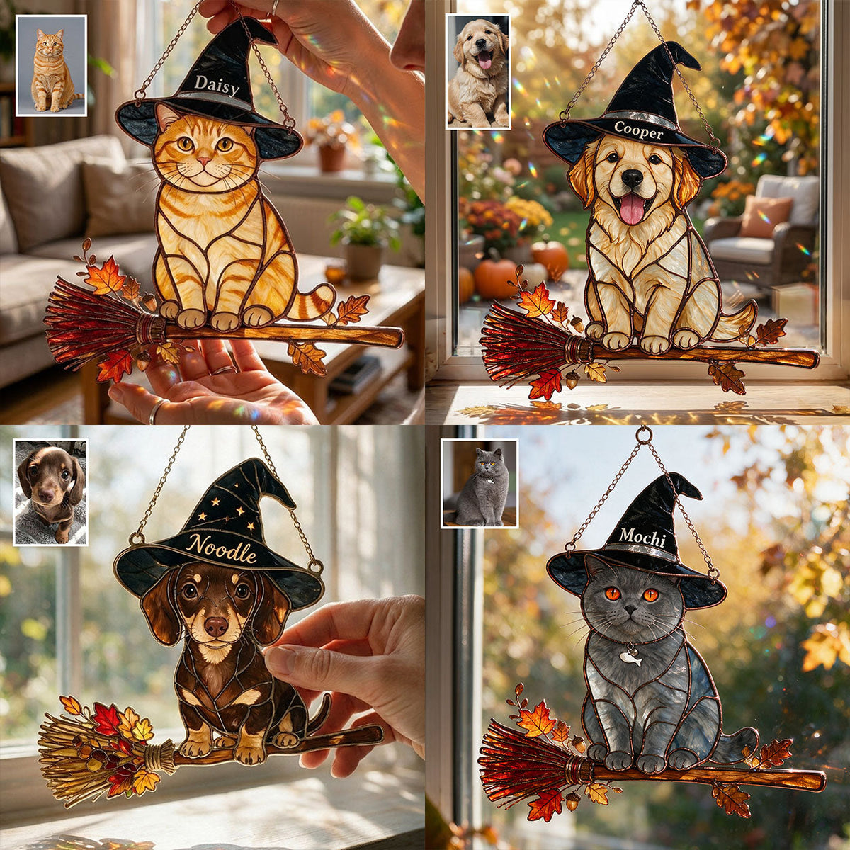 Personalized Halloween Fawn White Chihuahua Puppy 3D Glass Suncatcher