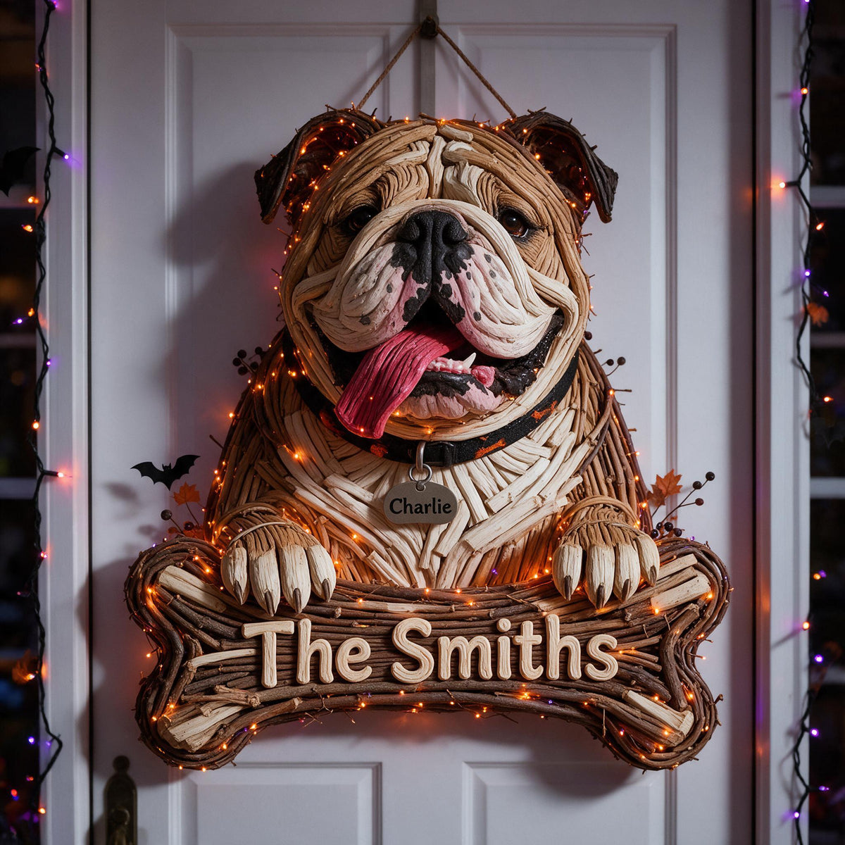 Personalized Halloween Fawn & White Adult Bulldog LED Light Acrylic Sign