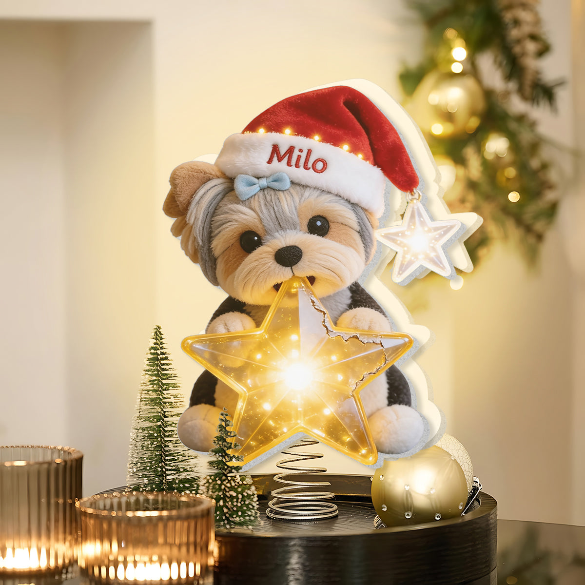 Personalized Christmas Curly Fur Poodle LED Light Tree Topper Dog Lover Gift