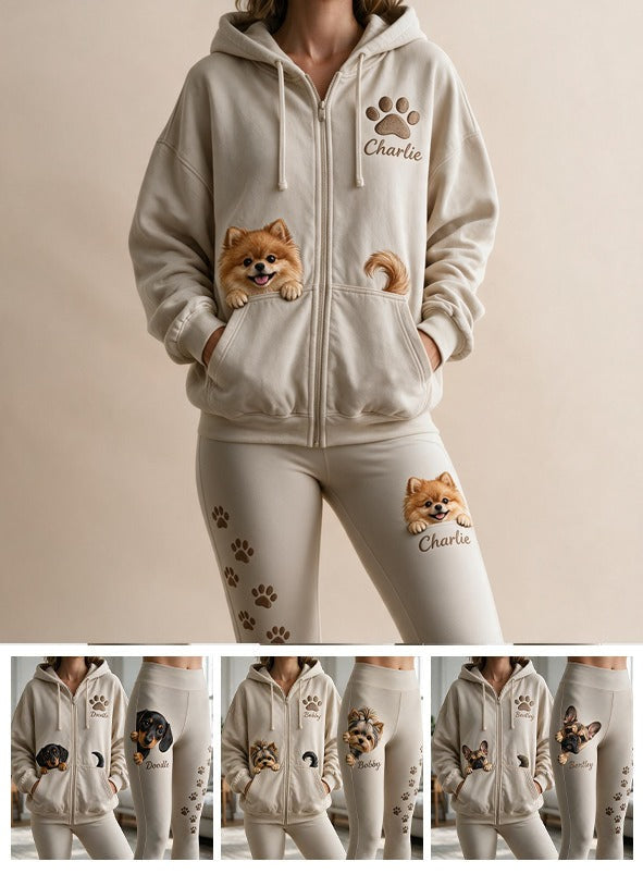 Personalized Fluffy Golden Tan Pomeranian Zip Hoodie & Leggings Loungewear Set