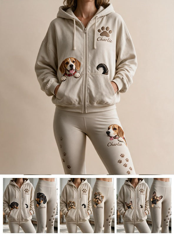 Sweat à Capuche Tricolore Personnalisé pour Adultes & Ensemble de Leggings - Cadeau pour Amoureux des Chiens
