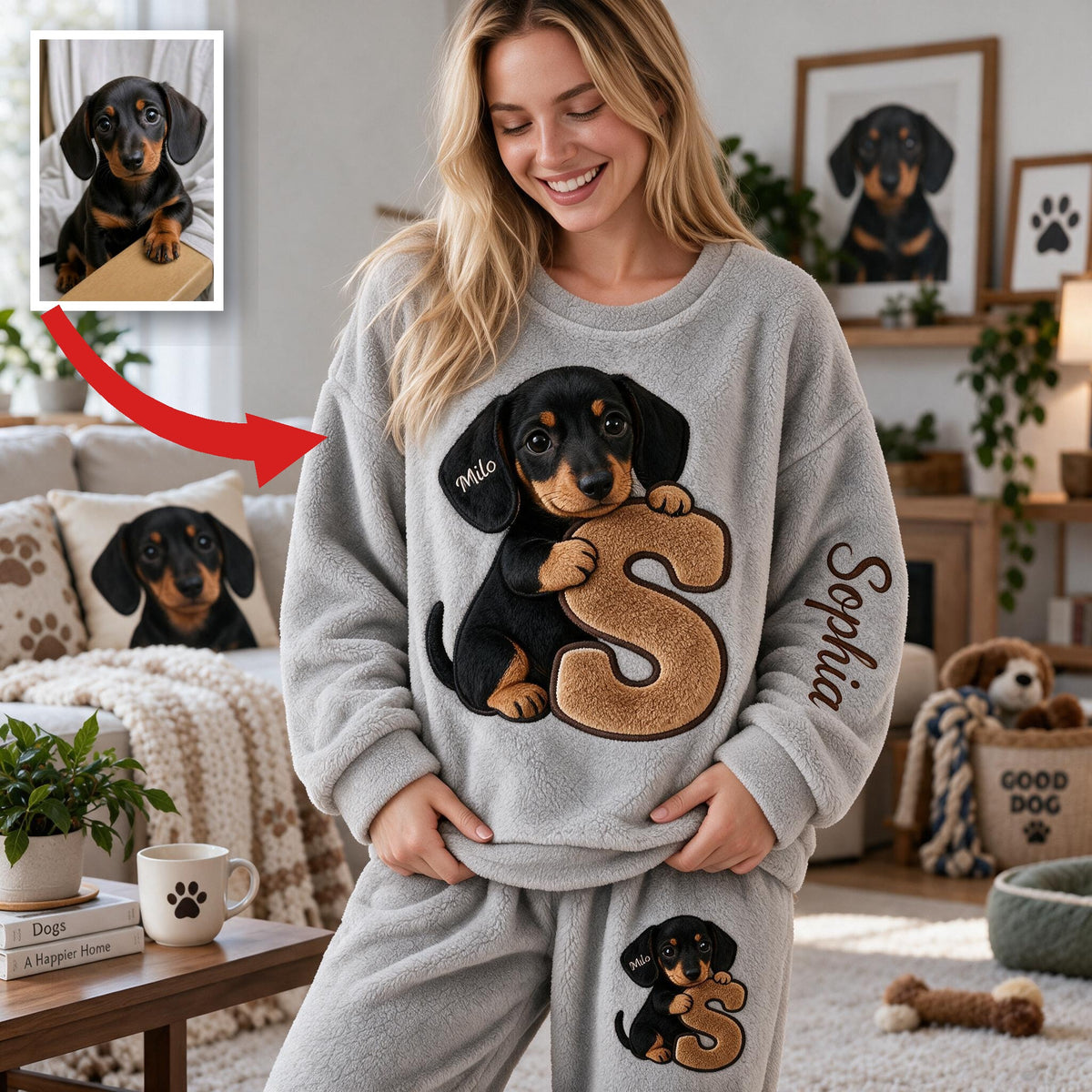 Personalized Black and Tan Dachshund Puppy Fleece Lounge Set Dog Lover Gift