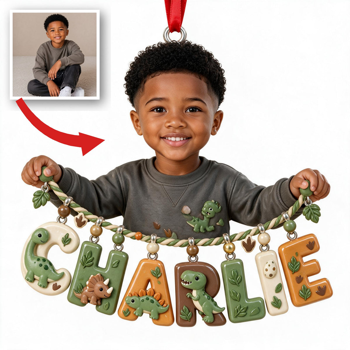 Personalized Black Little Boy Name Ornament Dinosaur Gift for Son Grandson Nephew