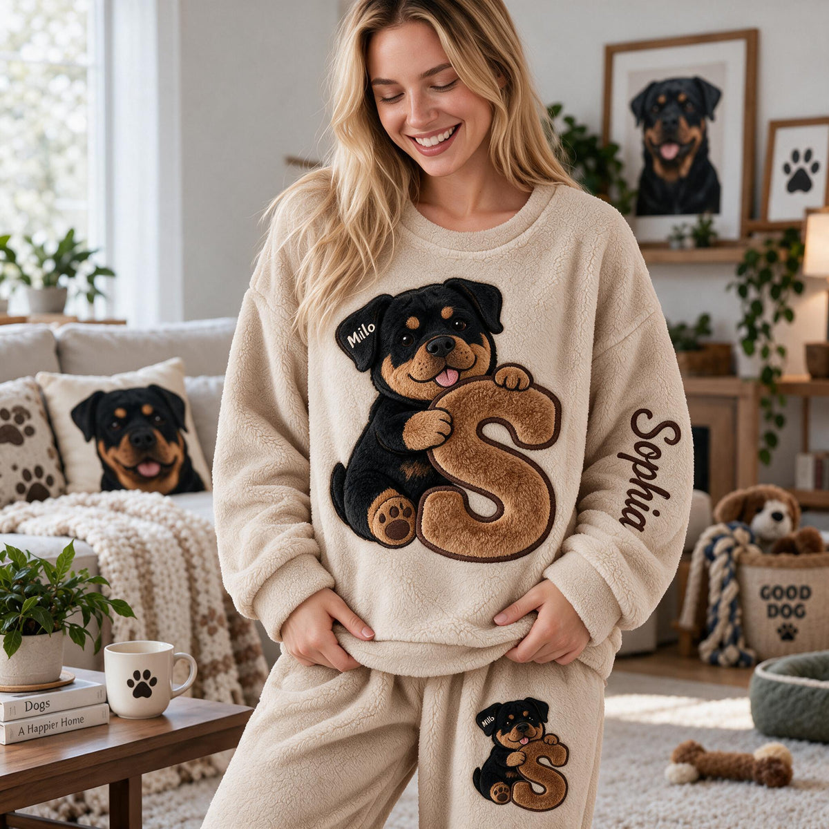 Personalized Black and Tan Adult Rottweiler Fleece Lounge Set Dog Lover Gift