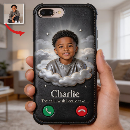 Personalized Black Little Boy Memorial Leather Phone Case Remembrance Gift