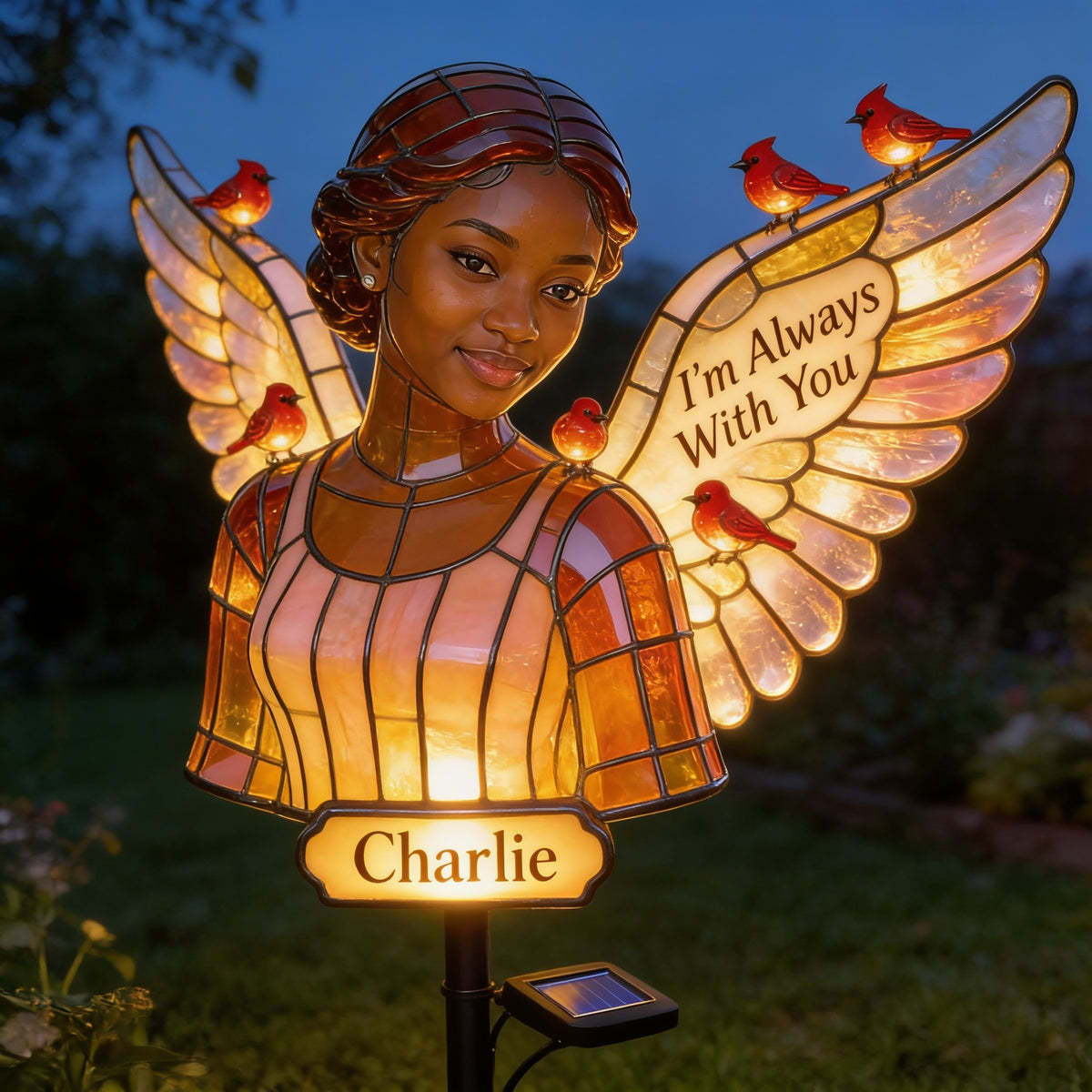 Personalized Black Woman Angel Memorial Garden Solar Light