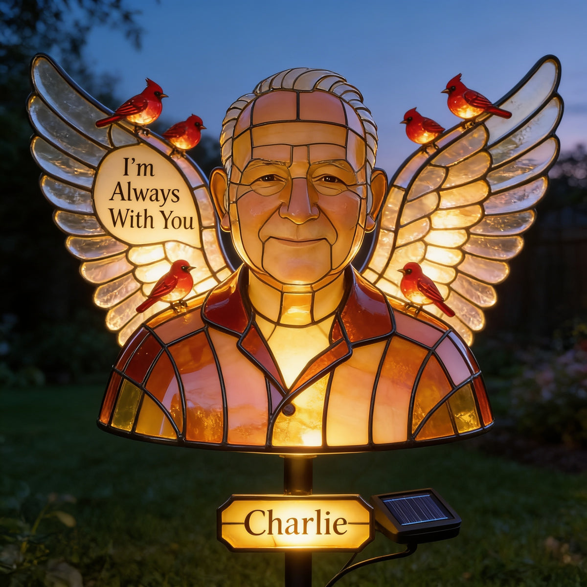 Personalized Older Man Grandpa Stained Glass Memorial Garden Solar Light