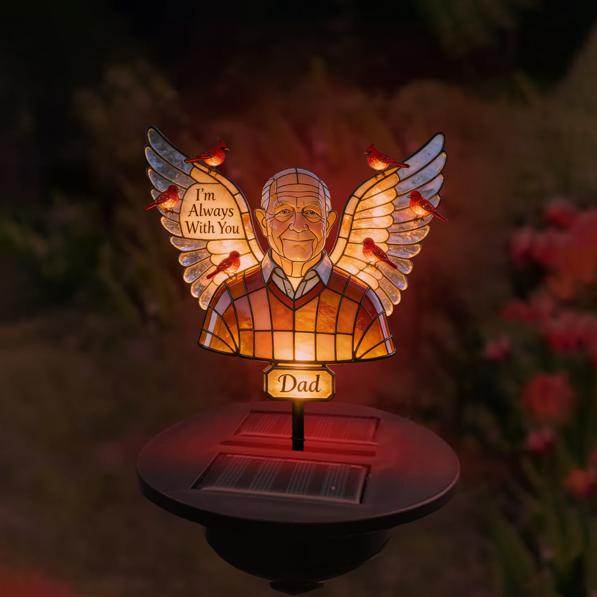 Personalized Older Man Grandpa Stained Glass Memorial Garden Solar Light
