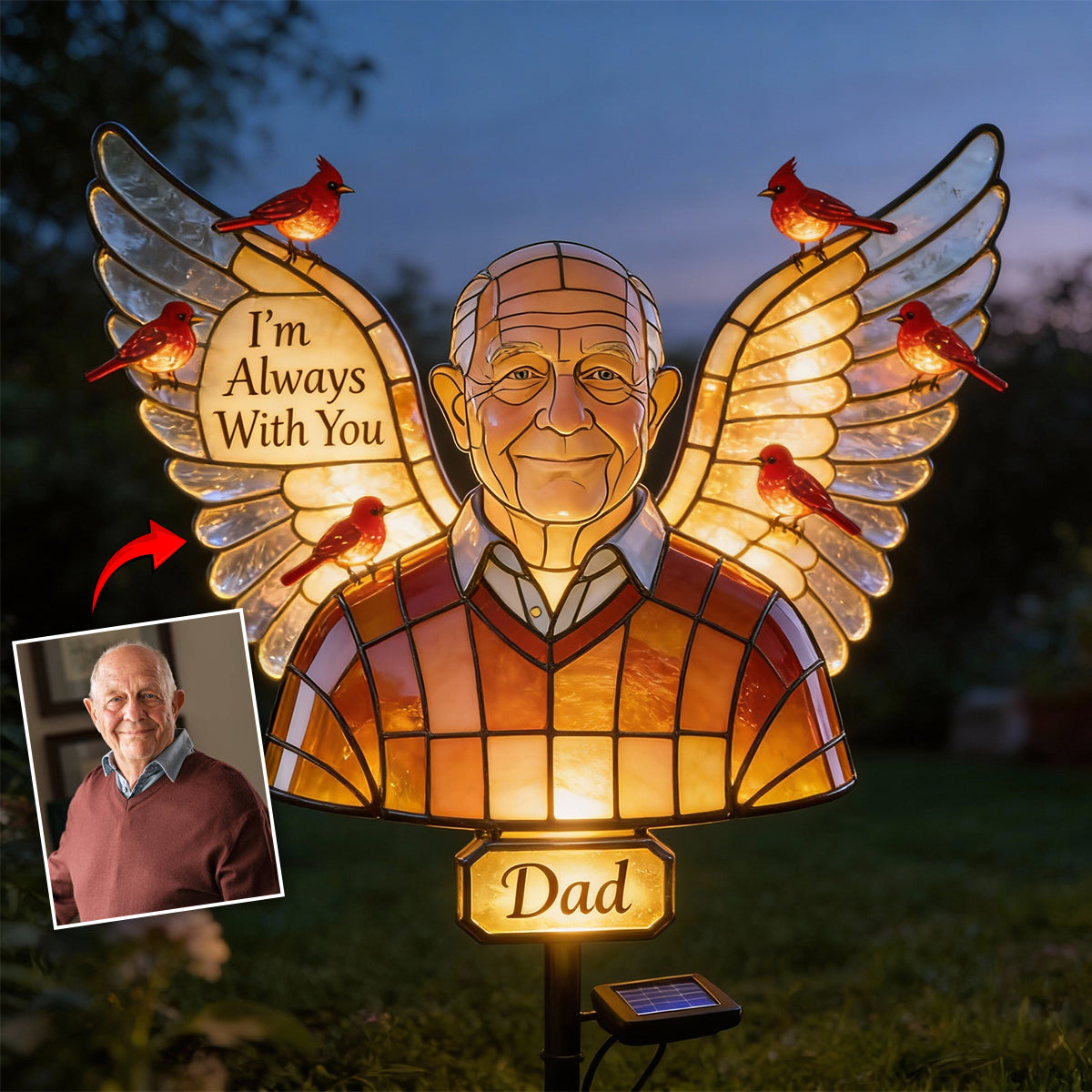 Personalized Older Man Grandpa Stained Glass Memorial Garden Solar Light
