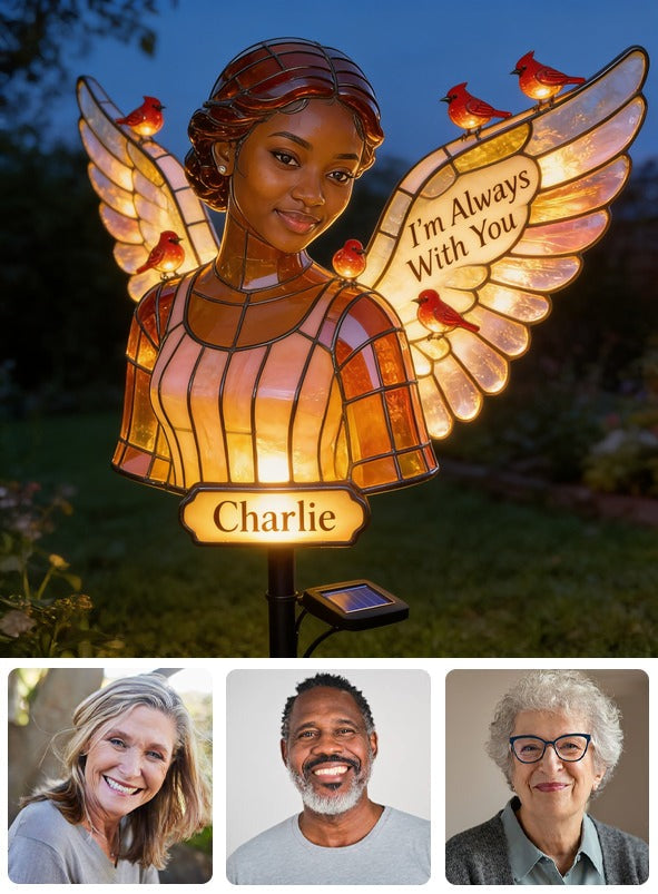 Personalized Black Woman Angel Memorial Garden Solar Light