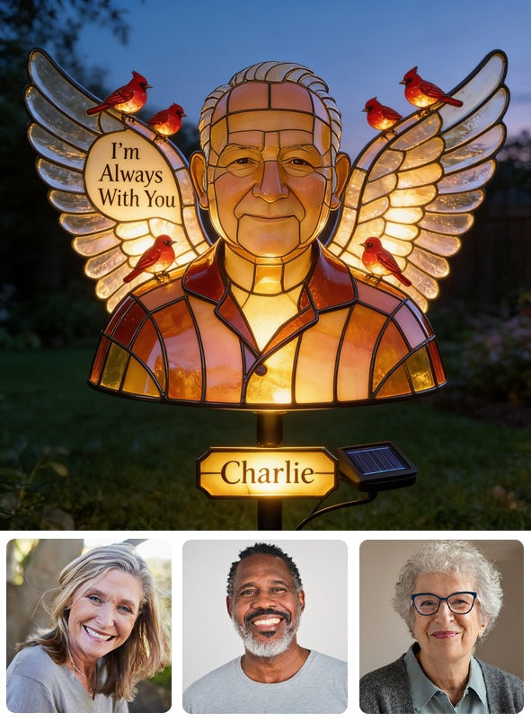 Personalized Older Man Grandpa Stained Glass Memorial Garden Solar Light
