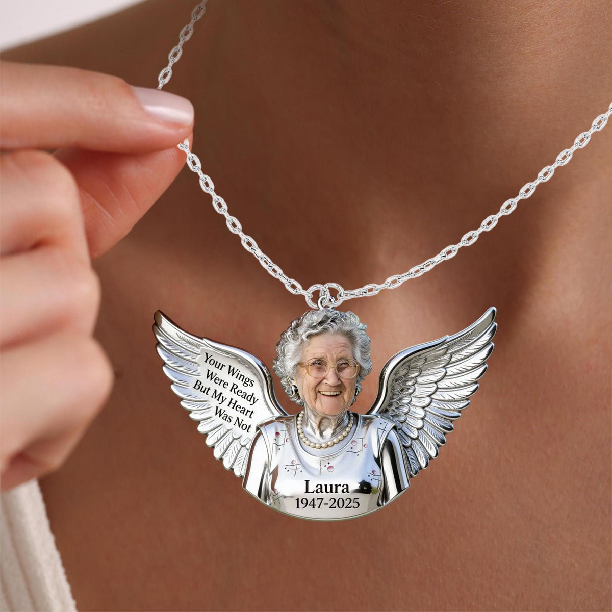 Personalized Memorial Latino Man Angel Wings Pendant Necklace