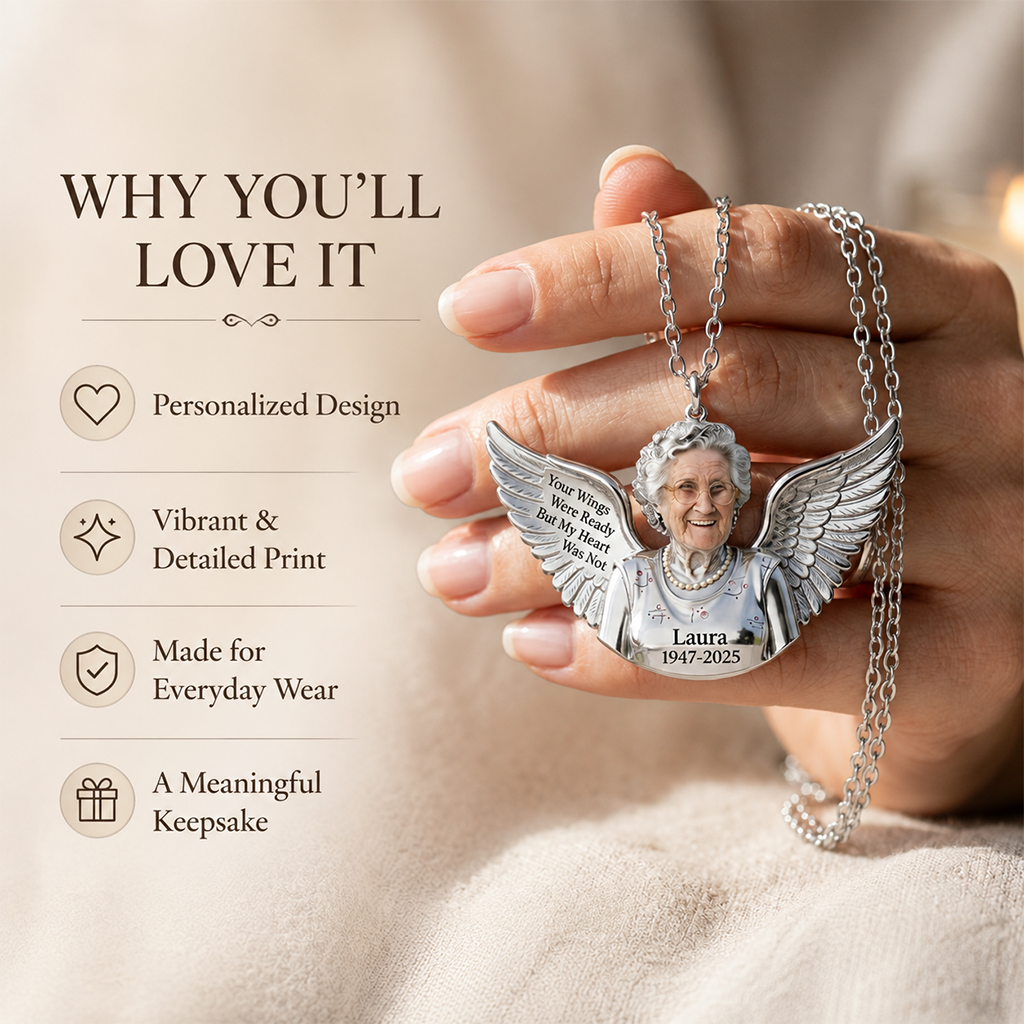 Personalized Older Black Man Grandpa Memorial Angel Wing Pendant Necklace