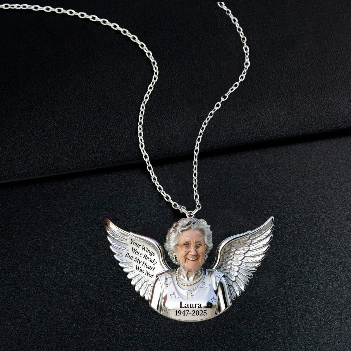 Personalized Older Black Man Grandpa Memorial Angel Wing Pendant Necklace