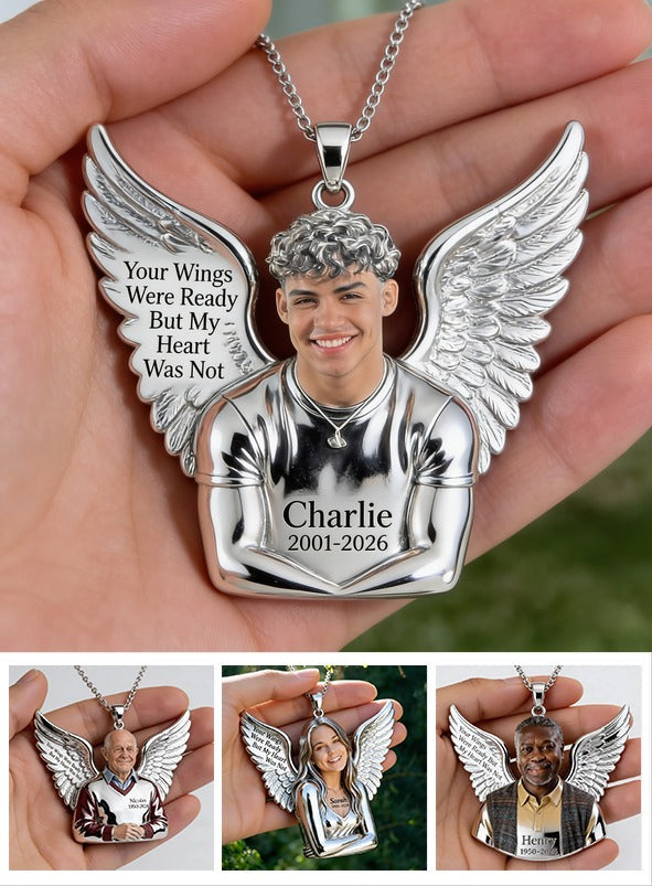 Personalized Memorial Latino Man Angel Wings Pendant Necklace