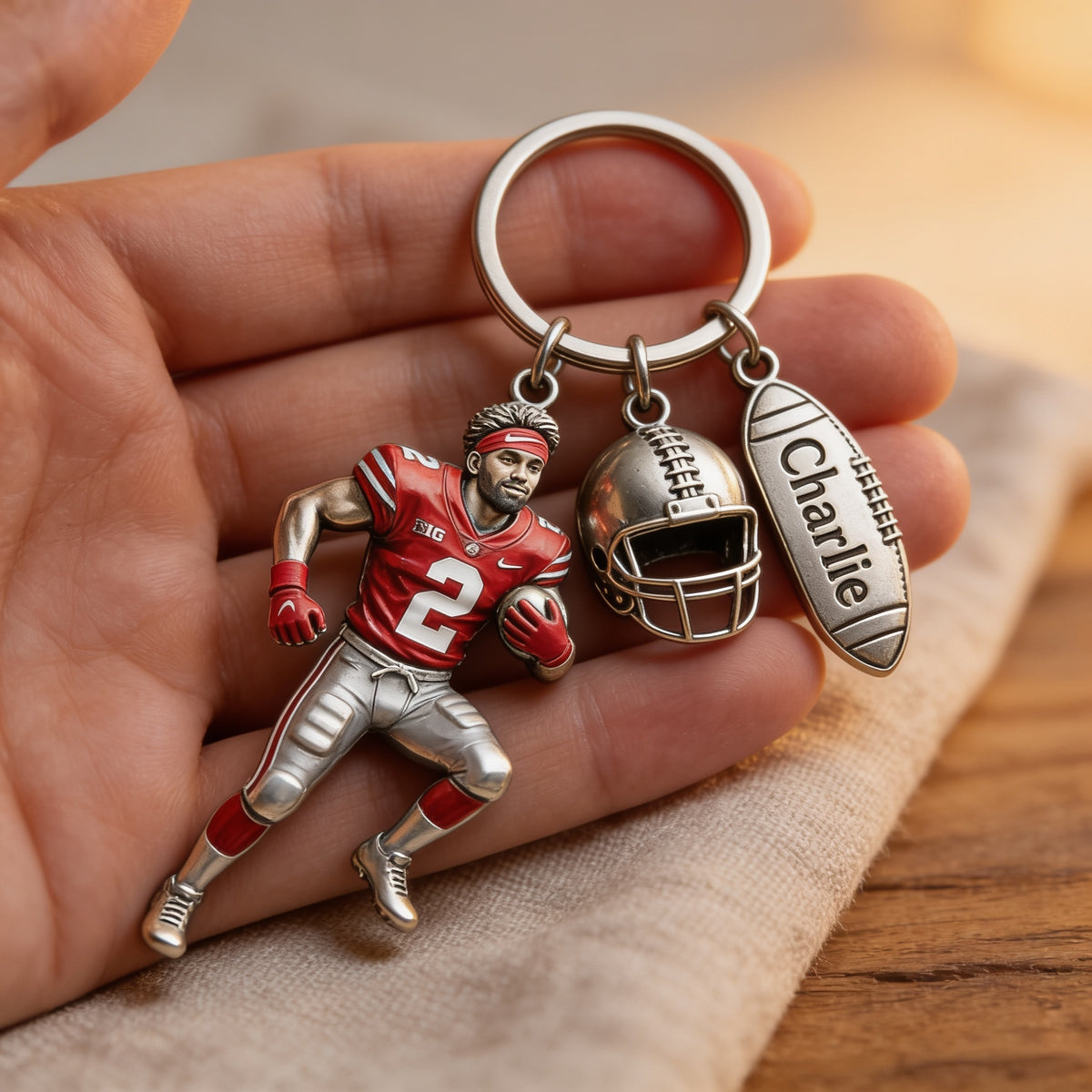 Personalized Black American Football Player Keychain with Charms Football Fan Gift
