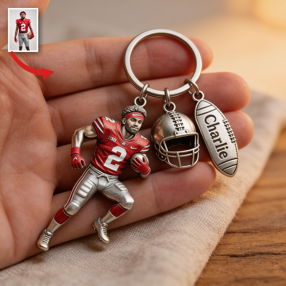 Personalized Black American Football Player Keychain with Charms Football Fan Gift