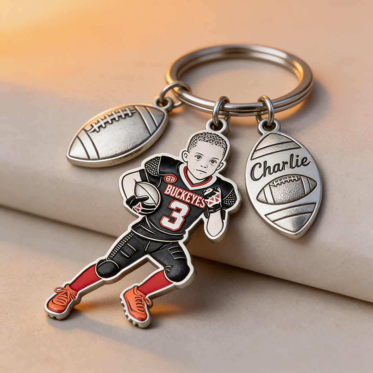 Personalized Black Youth American Football Player Keychain With Charms