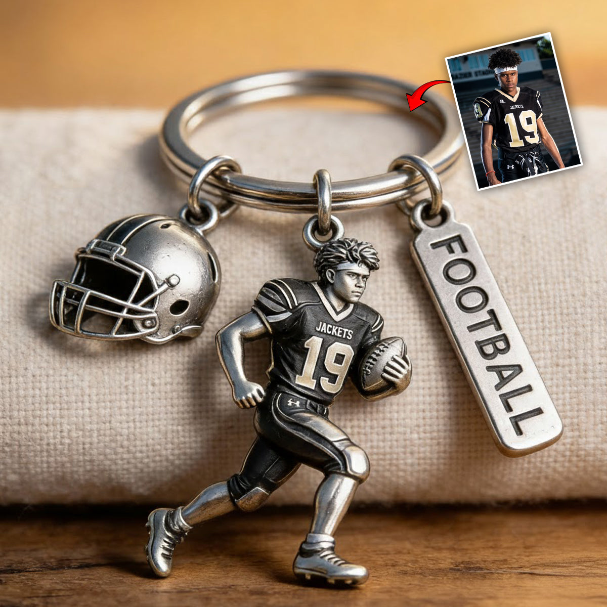 Personalized Black Youth American Football Player Keychain With Charms