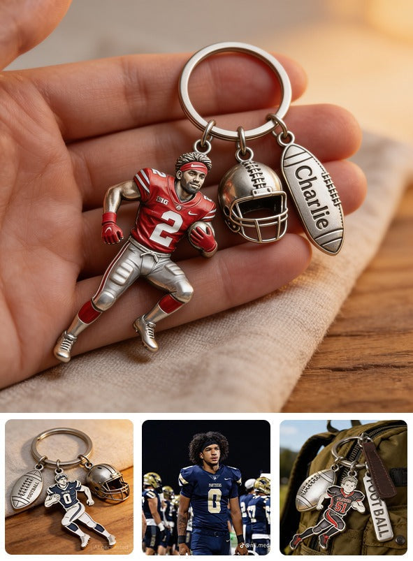 Personalized Black American Football Player Keychain with Charms Football Fan Gift
