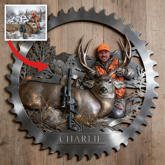 Panneau Métallique Décoratif Personnalisé Chasseur d'Âge Moyen avec Cerf en 3D