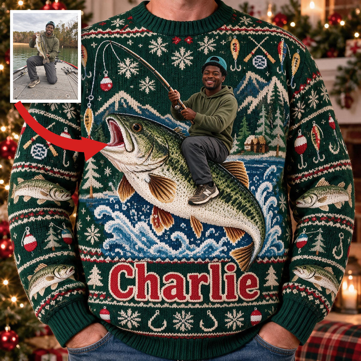 Personalized Christmas Black Fisherman Riding Fish Ugly Sweater