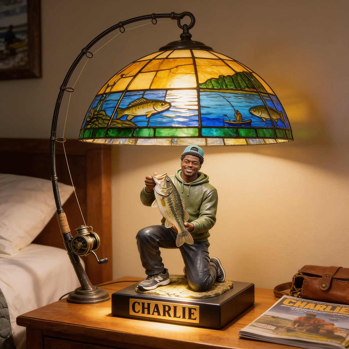 Personalized Black Fisherman Acrylic LED Night Light Fishing Lover Gift