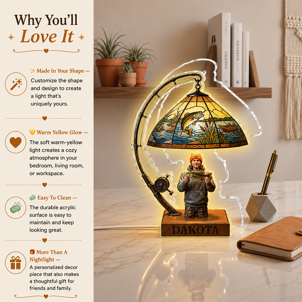 Personalized Black Fisherman Acrylic LED Night Light Fishing Lover Gift